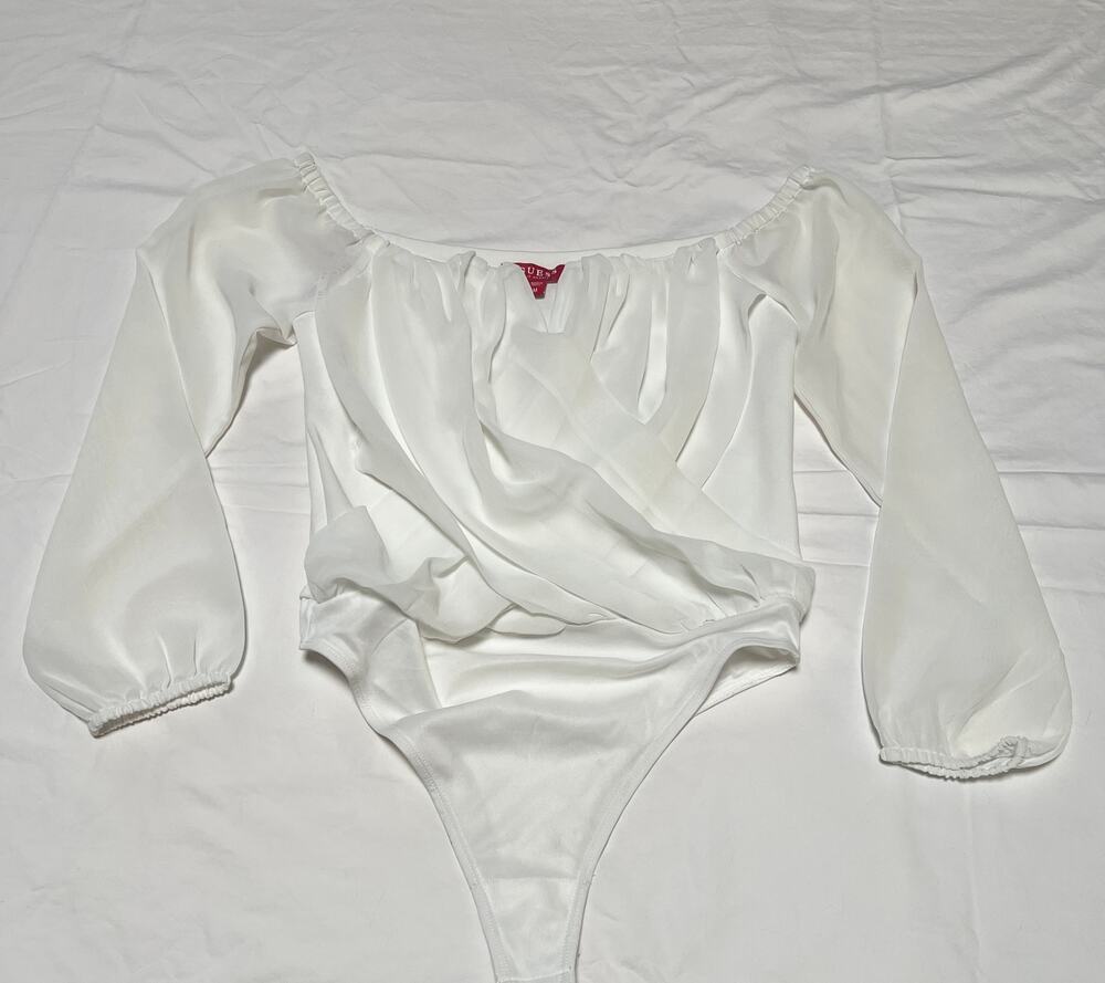 GUESS Womens M White Bodysuit Sheer Long Sleeve Surplice Draped Thong Y2K